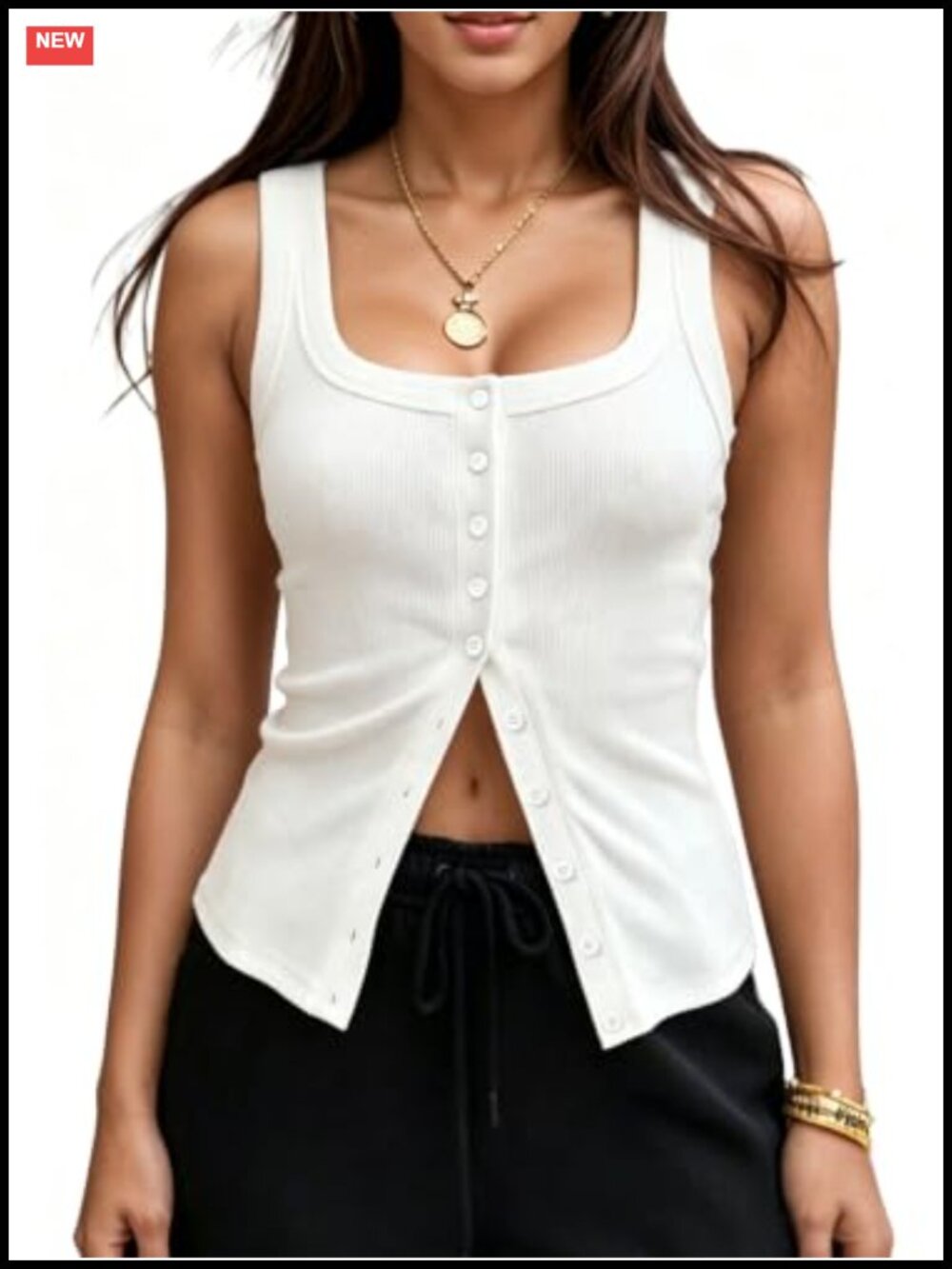 Ribbed Button Down Tank Top Sleeveless Square Neck Cropped Vest
